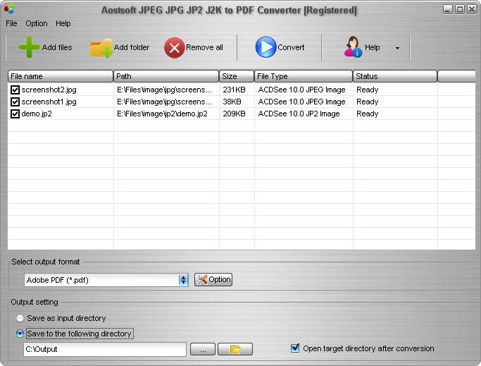 Aostsoft JPEG JPG JP2 J2K to PDF Converter software